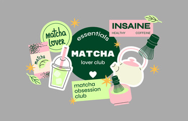 Matcha Lover Sticker Set. Retro-inspired illustrations of matcha tea, tools, and ingredients. Perfect for healthy lifestyle, tea enthusiasts, and wellness designs. Funky, colorful vector set for brand