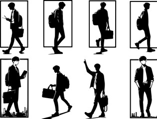 Obraz premium vector illustration silhouette design of students and office workers walking along the sidewalk