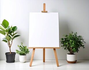 Blank Canvas on Easel with Potted Plants