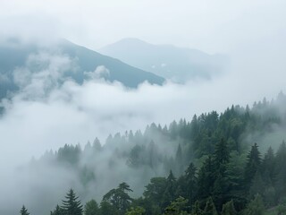 misty mountain valley unfolds below, bathed in the soft embrace of fog. Aerial View of Serene Mountain Valley with Fog