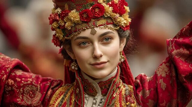 Turkish Woman in Traditional Red Costume Performing Halay Folk Dance