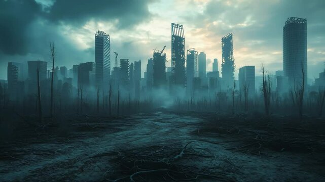 A futuristic city surrounded by dead trees and dry land