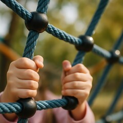 Child climbing at playground with rope netting in sunny park