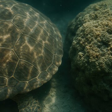 Underwater scene: turtle shell and coral reef