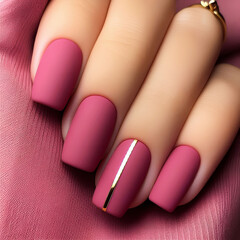 Manicure hand finger nail. Pink fucsia nailart with golden lines.
