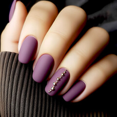 Manicure hand finger nail. Soft pastel purple nailart with silver dots.