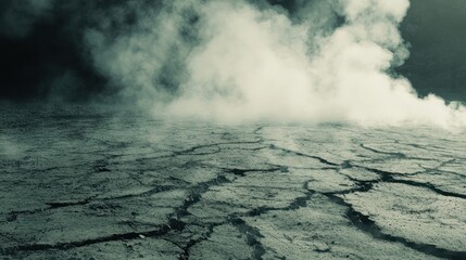 Cracked earth, shrouded in mist.  A desolate landscape, obscured by smoke