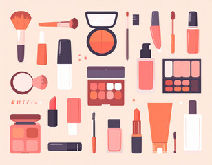 Flat Lay of Makeup Products: Brushes, Palettes, Lipstick, and Cosmetics on Beige Background
