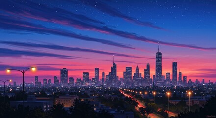 Modern city skyline at twilight