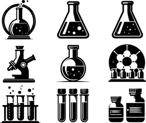 Vector sketch illustration collection of transparent glass bottle designs of laboratory test results, experiments and research