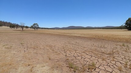 Dry, cracked earth landscape under a clear blue sky.  Vast, arid plain stretches to distant mountains. Sparse vegetation