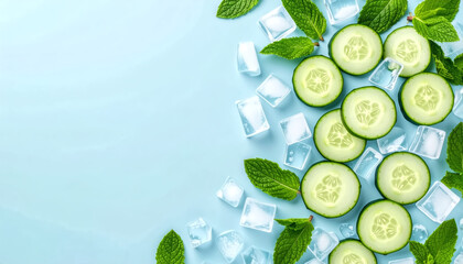 Flat lay of cucumbers, mint leaves, and ice cubes on pastel background, spa or detox concept