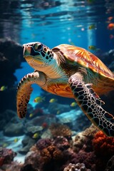 Fototapeta premium Hermosa tortuga en Arrecife, coralino, aguas transparentes y peces coloridos.