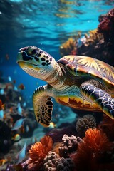 Obraz premium Hermosa tortuga en Arrecife, coralino, aguas transparentes y peces coloridos.