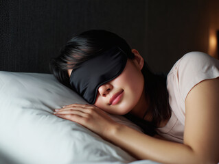 Fototapeta premium アイマスクをつけてベッドで安らかに眠る日本人女性の横顔