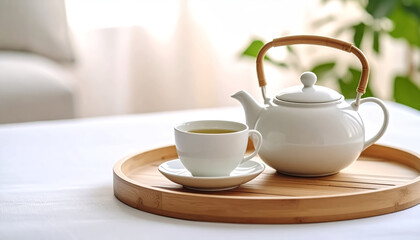 Minimalist green tea setup with a white porcelain teacup and teapot on wooden tray