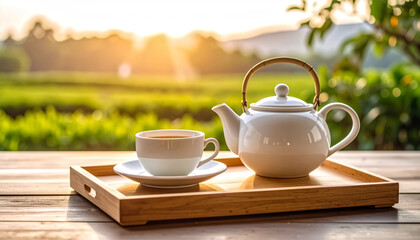 Minimalist green tea setup with a white porcelain teacup and teapot on wooden tray