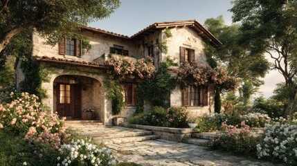 Fototapeta premium Charming Tuscan Villa Amidst Lush Floral Oasis on a Summer Day