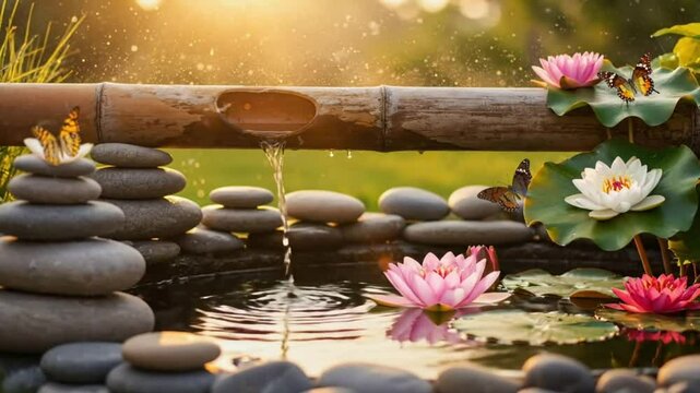A tranquil zen pond loop with flowing bamboo water, floating water lilies, and stacked stones creates a peaceful virtual background for relaxation and meditation.