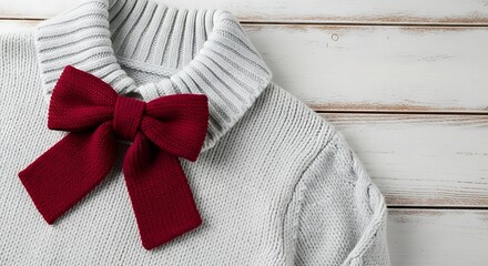 Cozy Knit Sweater with Bow Tie on White Wood