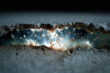 Macro shot of self-healing bioconcrete repairing a crack from within.