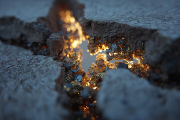 Macro shot of self-healing bioconcrete repairing a crack from within.