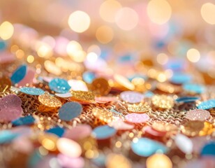 Sparkling Confetti Shower: Colorful confetti dances in a captivating display of joy and celebration, illuminated by soft, dreamy bokeh lights, evoking feelings of festivity, fun and excitement.