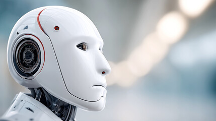 Futuristic robot with subtle head tilt in profile view highlighting human-like features for ai technology design
