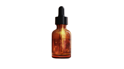 Golden glow amber serum bottle with dropper emitting radiant light. Transparent PNG. ideal for skincare, wellness, or cosmetic product promotion