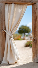 Tranquil outdoor scene with white curtain in sukkah doorway