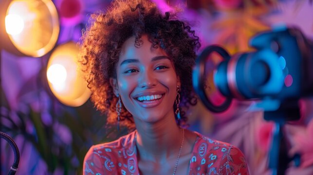 Mujer Influencer o YouTube online, transmitiendo en streaming.