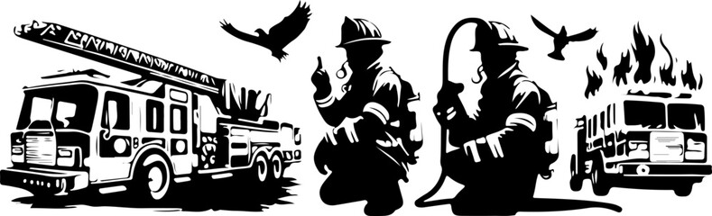 collection of vector silhouette sketches illustration of firefighters on standby wearing safety uniforms