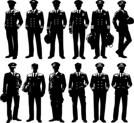 collection of vector sketch design illustrations of commercial airplane pilot silhouettes carrying passengers