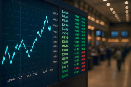 Electronic display showing live stock prices and market data inside an airport terminal, representing global finance, trading, and economic monitoring