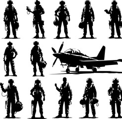 collection of vector sketch design illustrations of fighter plane pilot silhouettes for air war