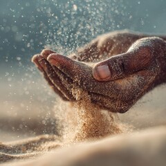 Fototapeta premium Hands sifting sand against a serene, blurred backdrop, capturing a moment of grounding and connection with the natural world.