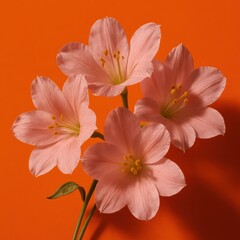 Fototapeta premium Pink lilies against vibrant orange background: floral elegance in bold contrast