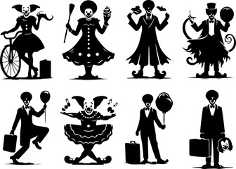 silhouette sketch vector illustration collection of clown entertainer images with long shoes