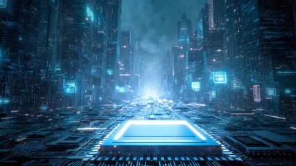 Futuristic city with glowing circuit board - Powered by Adobe
