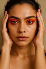 Naklejka premium Young hispanic female with bold red and orange eye makeup