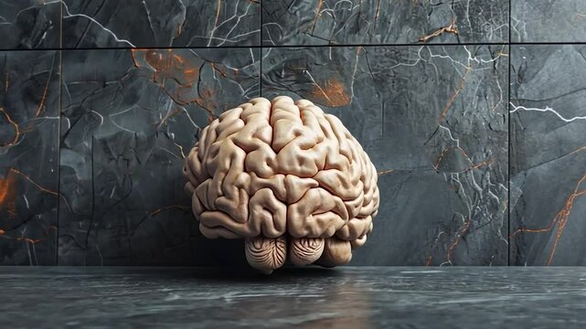 Human brain on dark tiled wall