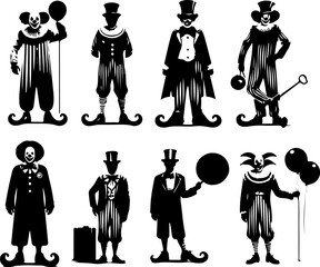 silhouette sketch vector illustration collection of clown entertainer images with scary smile