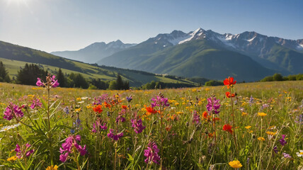 Colorful wildflowers bloom across a serene mountain meadow, backed by majestic peaks under a vibrant blue sky, creating a tranquil and inspiring natural landscape