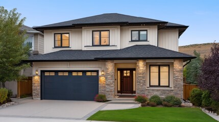 Fototapeta premium Modern two-story house with stone accents, large windows, and a welcoming porch in a peaceful neighborhood setting