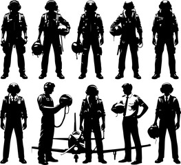 collection of vector sketch design illustrations of silhouettes of fighter and commercial aircraft pilots in the air