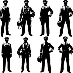 collection of vector sketch design illustrations of silhouettes of fighter and commercial aircraft pilots in the air