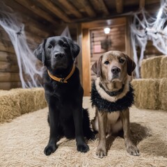 Two Adorable Dogs in Costumes Sitting Together in Cozy Cabin Decorated for Halloween with Hay Bales and Cobwebs