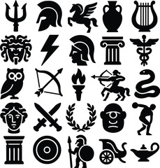 Ancient Mythology Icons. Bold Black Silhouettes of Greek and Roman Symbols, Gods, Goddess, Heroes and Legendary Objects in Solid Vector Style Editable Icon Set Collection.