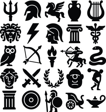 Ancient Mythology Icons. Bold Black Silhouettes of Greek and Roman Symbols, Gods, Goddess, Heroes and Legendary Objects in Solid Vector Style Editable Icon Set Collection.