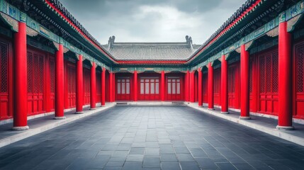 Ancient Chinese courtyard. Red columns, ornate architecture, serene atmosphere